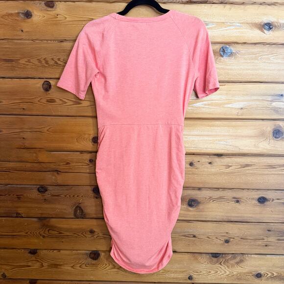 Athleta Seeker Tee Dress Small Peach Short Sleeve Scoop Neck Ruched Tulip Hem - Picture 2 of 6